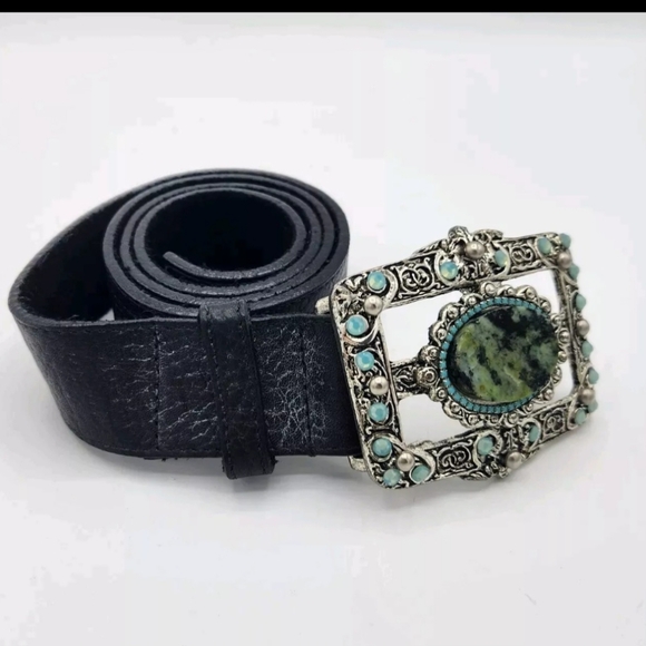 Leatherock Genuine Leather Black Belt Turquoise Silver Rectangle Buckle Belt - Picture 1 of 11